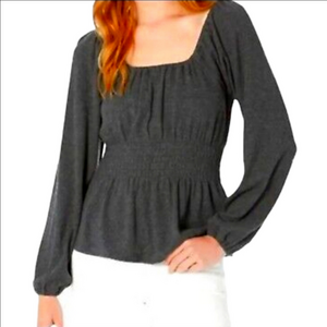 Madewell Charcoal Dark Gray Sweater Square Neck Smocked Ballon Sleeves sz.L